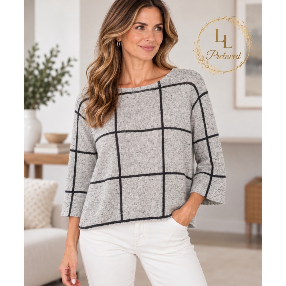 Eileen Fisher Sweater Womens Small Grey Windowpane Plaid Wool Blend Minimalist